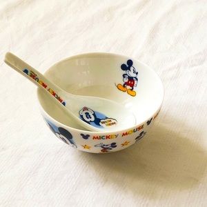 White Blue Disney Mickey Mouse Ceramic Bowl Soup Spoon Set Star Rainbow Color